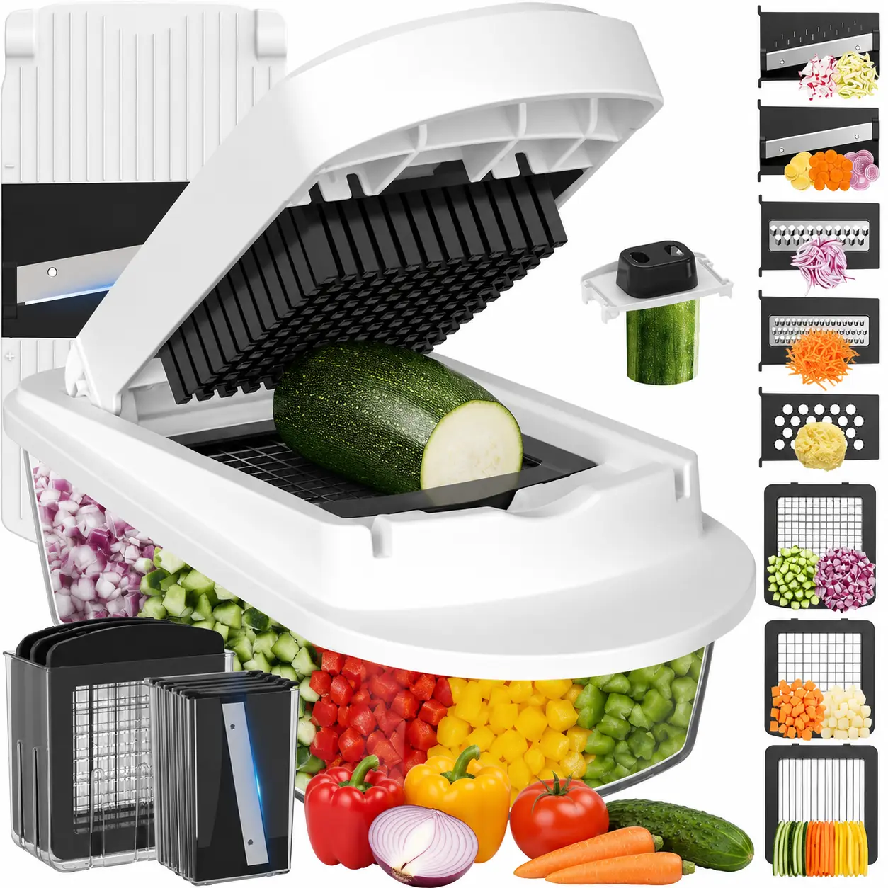 All-in-1 Vegetable Chopper with Container and 8 blade, Multifunction Food Chopper, Mandoline Slicer, Onion Cutter, Fruit & Vegetable Dicer, Kitchen Food Prep Cutter with Drain Basket & Blade Set