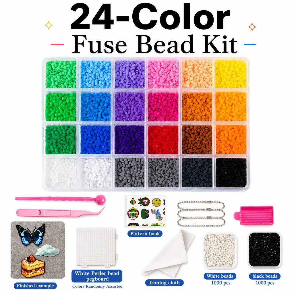 24-Color Mini Size Fuse Beads Kit, 2.6mm Beads for DIY Pixel Puzzle Craft Art, Includes Nail Board, Ironing Paper, Tweezers & DIY Beading Accessories for Kids