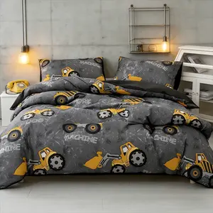 3-Piece Cartoon Construction Truck Print Bedding Set with Zipper, Comfortable Bedding for Bedroom and Guest Room, Includes 1 Fitted Sheet + 2 Pillowcases