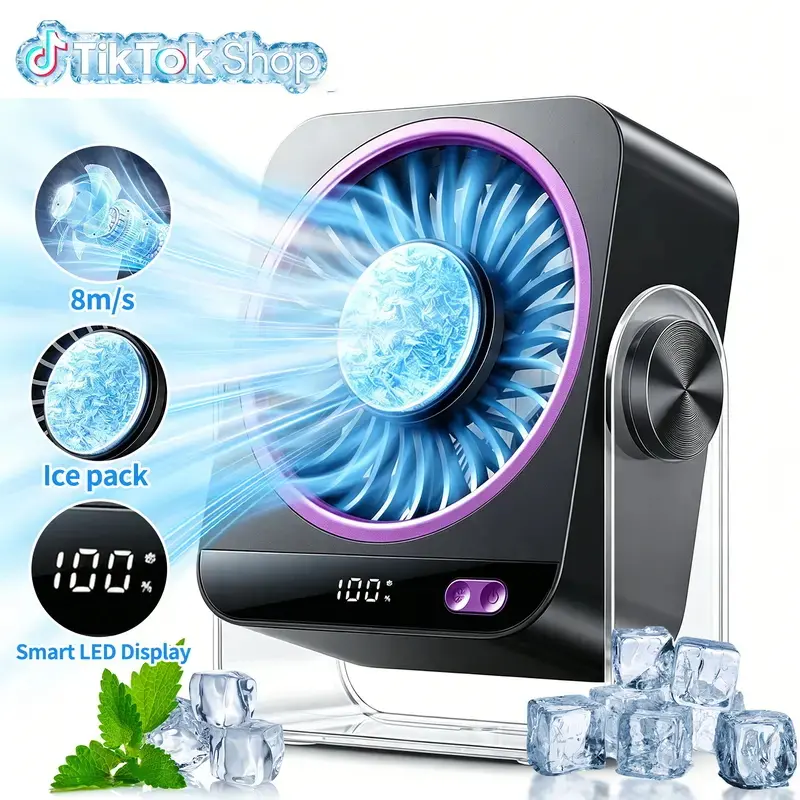USB Desk Fan for Bedroom, 199 Speeds Turbo Airflow, Portable Fan with Ice Cooling, Digital Display Quiet Table Fan, 270° Rotating Rechargeable Battery Desktop Fan for Home Office Summer