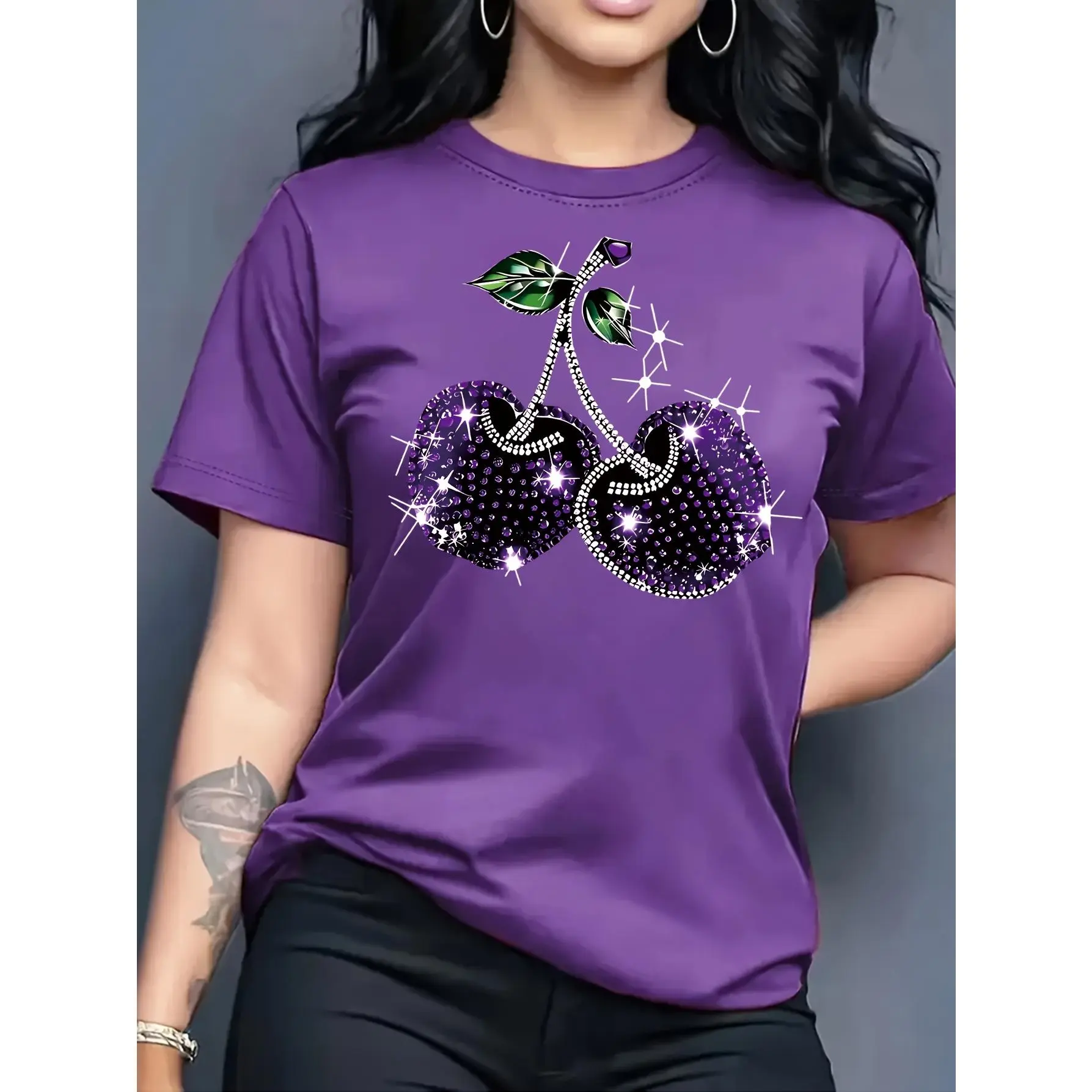 Women's Cherry-Printed Smooth Fabric Short-Sleeve Round Neck Casual Tee, Summer Spring Top
