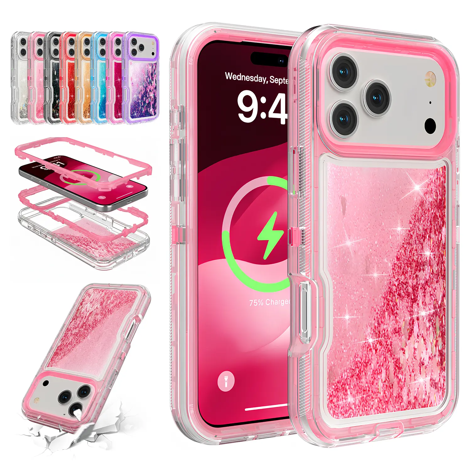 Liquid Quicksand Shiny Bling Sparkly Cute Case For iPhone 17 Pro Max 16 15 14 13,3-in-1 Heavy Duty Protective Glitter Phone Case,Bling Sparkly Cute Case for  Women Girly