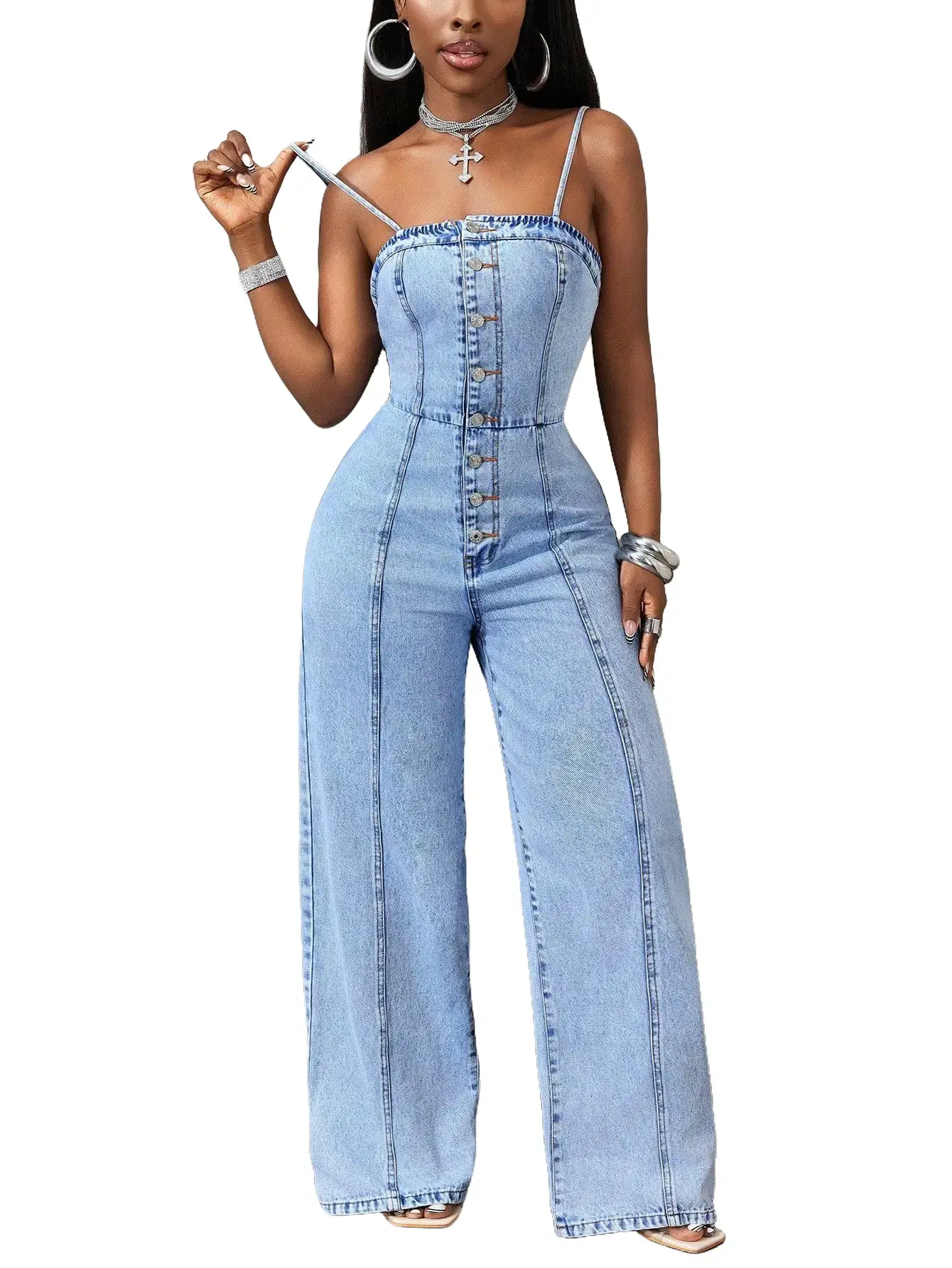 Women's 2026 New Basic Denim Jumpsuit - Women's Clothes, Off Shoulder, Spaghetti Strap, Sleeveless, Rhinestones, Cotton-Linen-Polyester Blend, Casual, Minimalist, Plain, Full Length, Below The Ankle, Stylish Summer Overalls