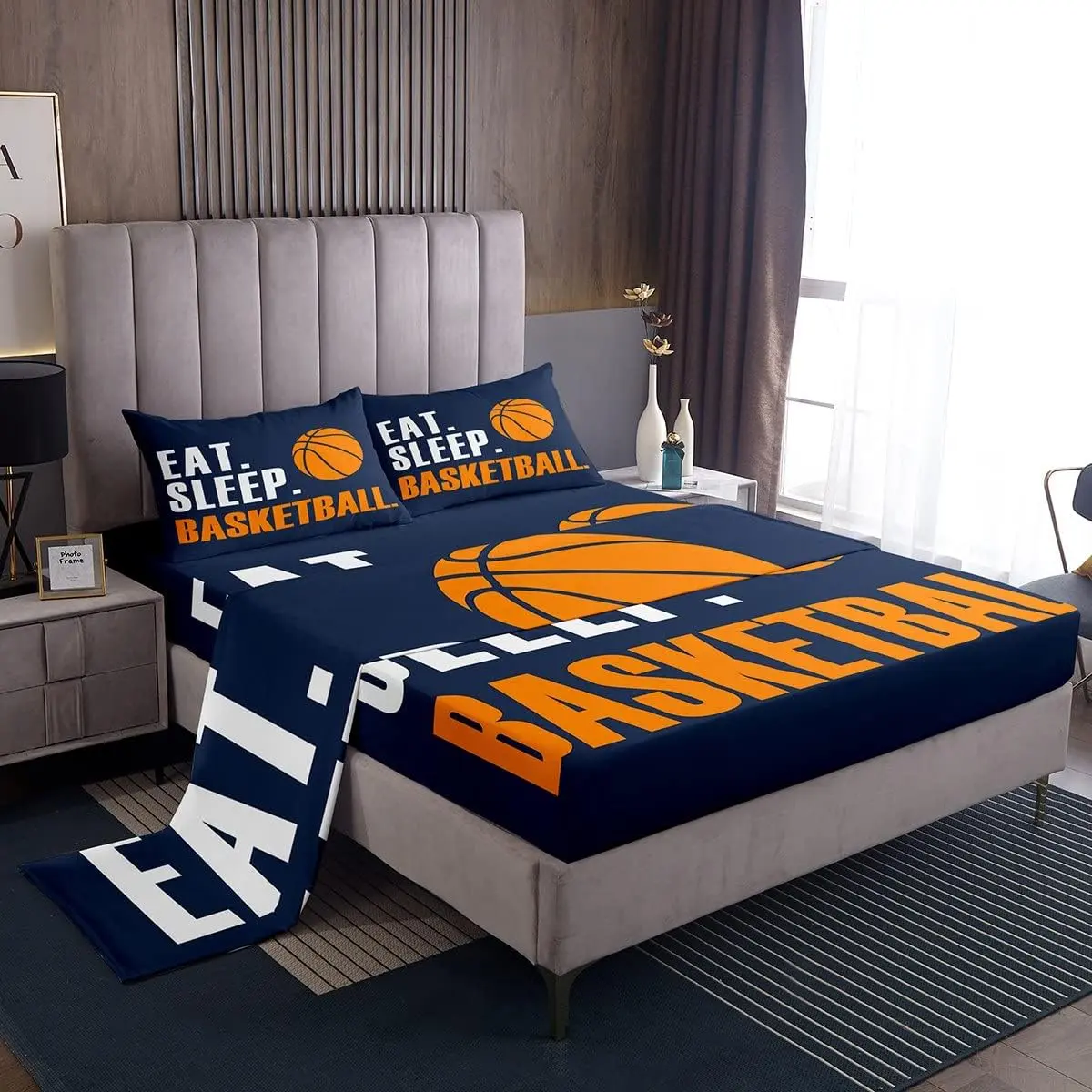 Feelyou 3D Basketball Sports Theme Decorative Bedding Set - Blue All Seasons Eat Sleep Basketball Soft Bed Sheets with Deep Pockets, Breathable Fabric, Dry Quickly on Tumble, Durable Multi-Size Furnishings for Game Rooms, 3D Balls