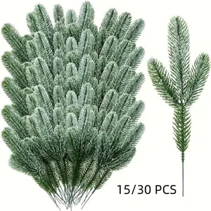 Pack of 15-30 Snow Frost Covered Artificial Pine Branches - 10 Inch Christmas Holiday Simulated Green Plants for DIY Home