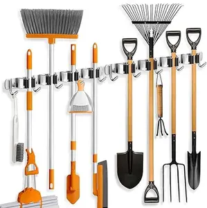 IMILLET 2 Pack Wall Mount Broom Holder Stainless Steel 5 Racks with 4 Hooks Broom Organizer Self Adhesive Heavy Duty Laundry Room, Garage Organization Storage