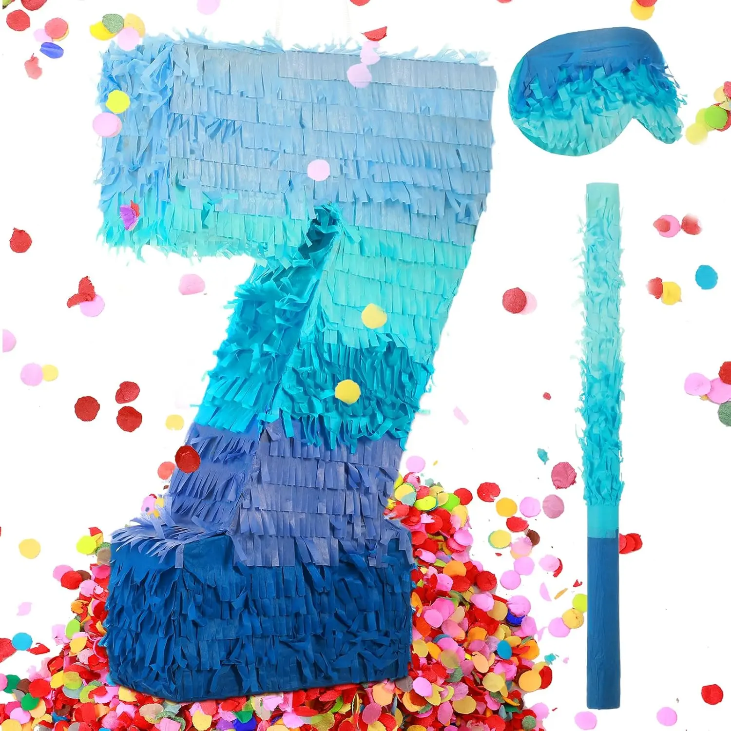 Number 1 2 3 4 5 6 7 8 9 Piñata with Stick Blindfold Confetti, Gradient Blue Piñata for Kids Boys Girls Birthday Party Anniversary Decorations Supplies(Number 7)