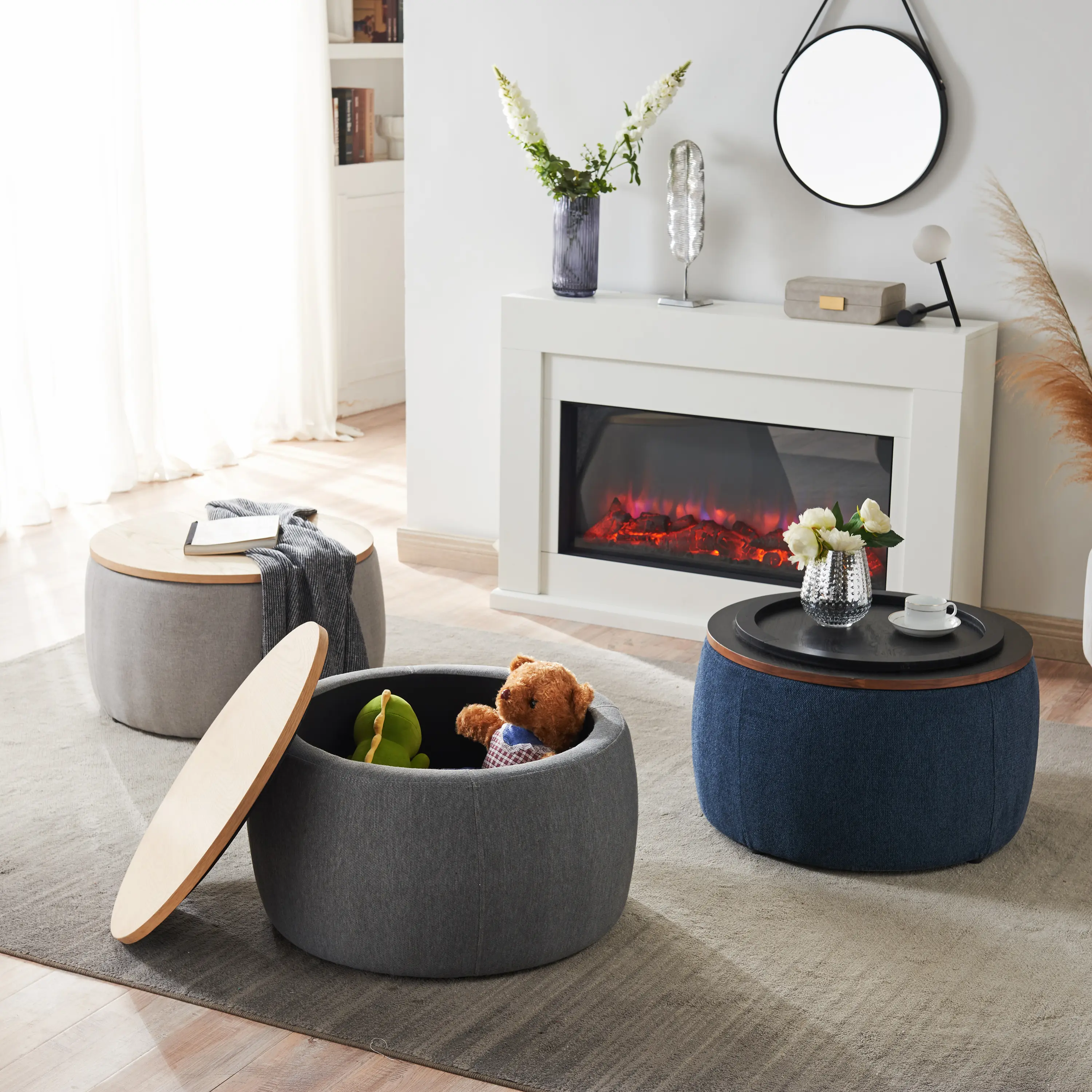 Large Round Storage Ottoman Coffee Table with Tray – 23" Upholstered Chenille Bench, MDF & Polyester Fiber, 250 lbs Capacity, 4 Color Options for Living Room