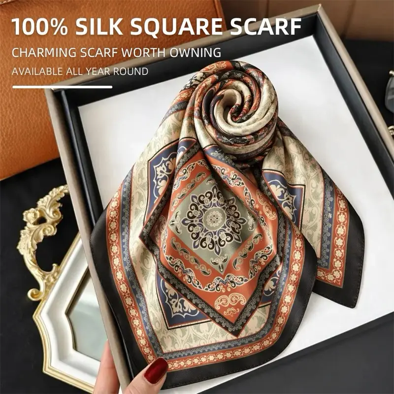 Hepburn's Choice 100% 16 Momme Mulberry Silk Baroque Floral Mandala Scarf - Premium Vintage Designer Square Neckerchief