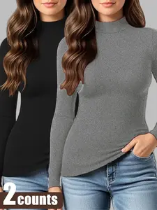 2-Pack Women's Solid Turtleneck High Neck Long Sleeve Thermal Tees - Stretchy Slim Fit Casual Basic, Essential Tops, Ultra-Soft Warm Fabric, Fall Winter Womenswear, Perfect for Daily Commute, Cozy Loungewear & Casual Outings, All-Day Comfort
