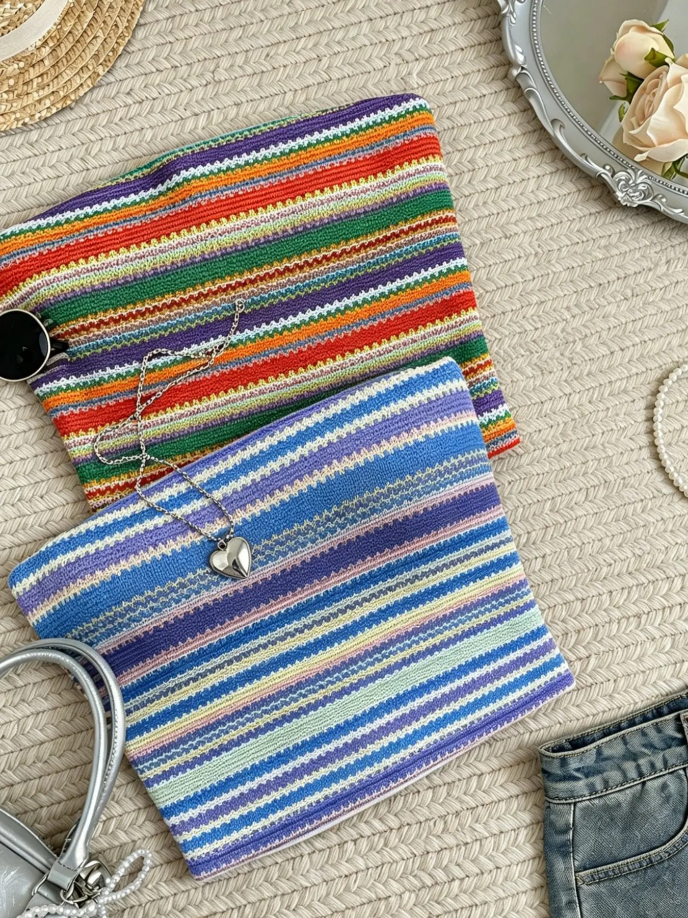 Two-Piece Women's Striped Knitted Tube Top Set, Bandeau Tube Tops, Colorful Rainbow Stripe Strapless Bralette, Summer Casual Sleeveless Beach Top, Casual Beach Tank, Womenswear