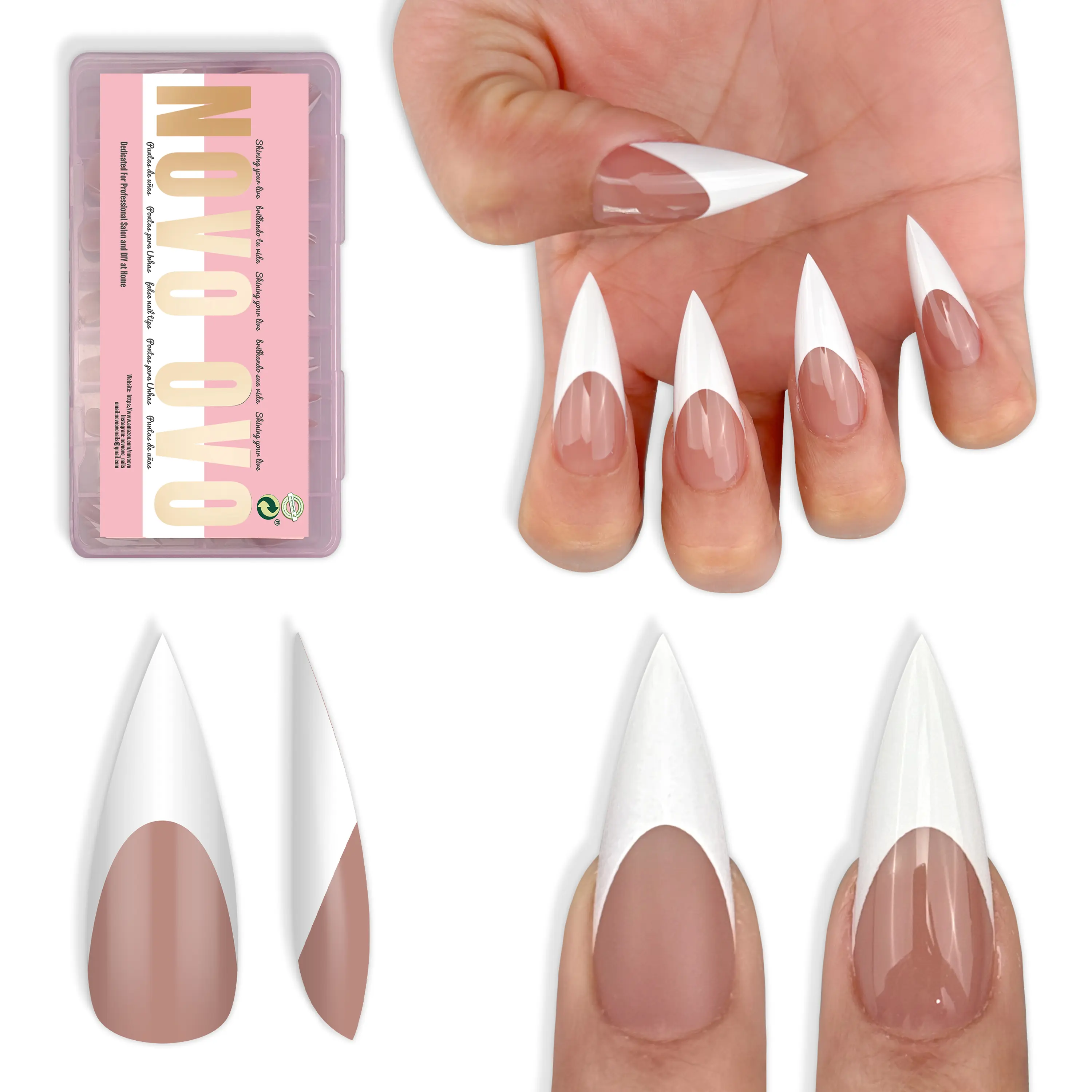 NOVO OVO Stiletto Tips for an Instant French Manicure, 160 Pcs Soak-Off PMMA Press Ons, Brown Pink Nude Gel for Easy Art at Home, 16 Sizes, Art Nail Polygel, Press On Nail, Beauty Products, French Tip Nails