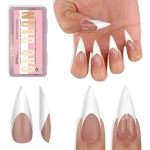 NOVO OVO Medium Long Sharp Stiletto Nail Tips (White French Tip) - Brown Pink Nude Soft Gel Press Ons, Pre-Designed Full Cover Fake Nails for Instant Salon Manicure, 16 Sizes (160 Pcs)