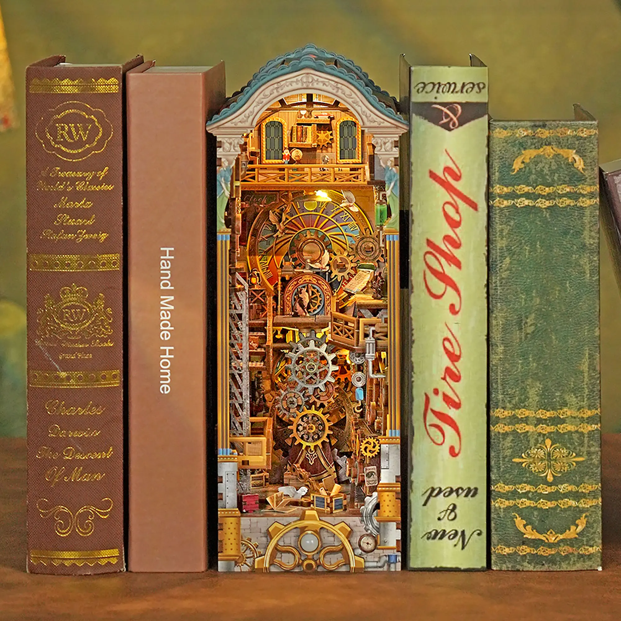 Tonecheer 3D Wooden DIY Book Nook Kit for Adults, Bookend Miniature House Bookshelf Insert Decor with Dust Cover, LED Lights, Clock Tower, 3-in-1 Advanced Craft Glues for Spring Glow-Up