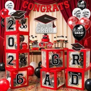 Graduation Decorations Class of 2026 Red and Black Balloon Boxes for High School & College Congrats Grad Party Table Decorations with 4 String Lights GRAD and So Proud of You Letters