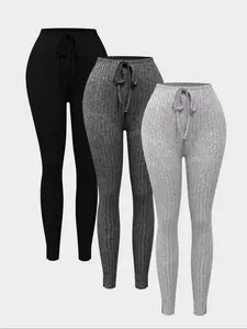 Women's Solid Tie Front Split Hem Ribbed High Waist Leggings, Casual Comfy Skinny Pants for Daily Wear, Ladies Bottoms for All Seasons