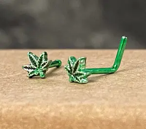 1pc Marijuana Leaf Top 20g L-Bend or Stud Nose Ring Surgical Steel Pot Jewelry