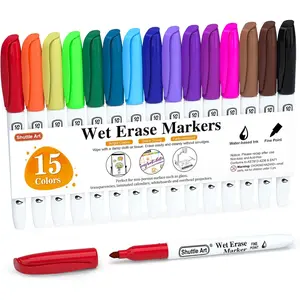 Wet Erase Markers, 15 Colors 1mm Fine Tip Smudge-Free Markers, Use on Laminated Calendars,Overhead Projectors,Schedules,Whiteboards,Transparencies,Glass,Wipe with Water