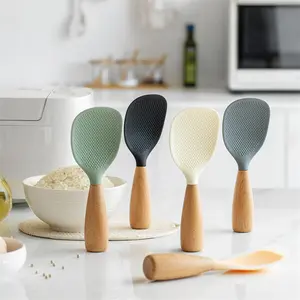 Silicone Spoon with Wooden Handle, 1 Count Heat-insulation Heat-resistant Spoon for Rice Cooker,Durable Standing Rice Spatula Serving Spoon,Practical Kitchen Tool for Home Restaurant,Kitchen Utensils Gadgets