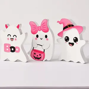 3 PCs Pink Halloween Table Decor, 3 Style Cute Wooden Ghosts Halloween Decorations indoor, Funny Wood Ghost Tabletop Centerpieces Tiered Tray Decor Signs for Home Office Room Girl Kids Gifts, Pink White