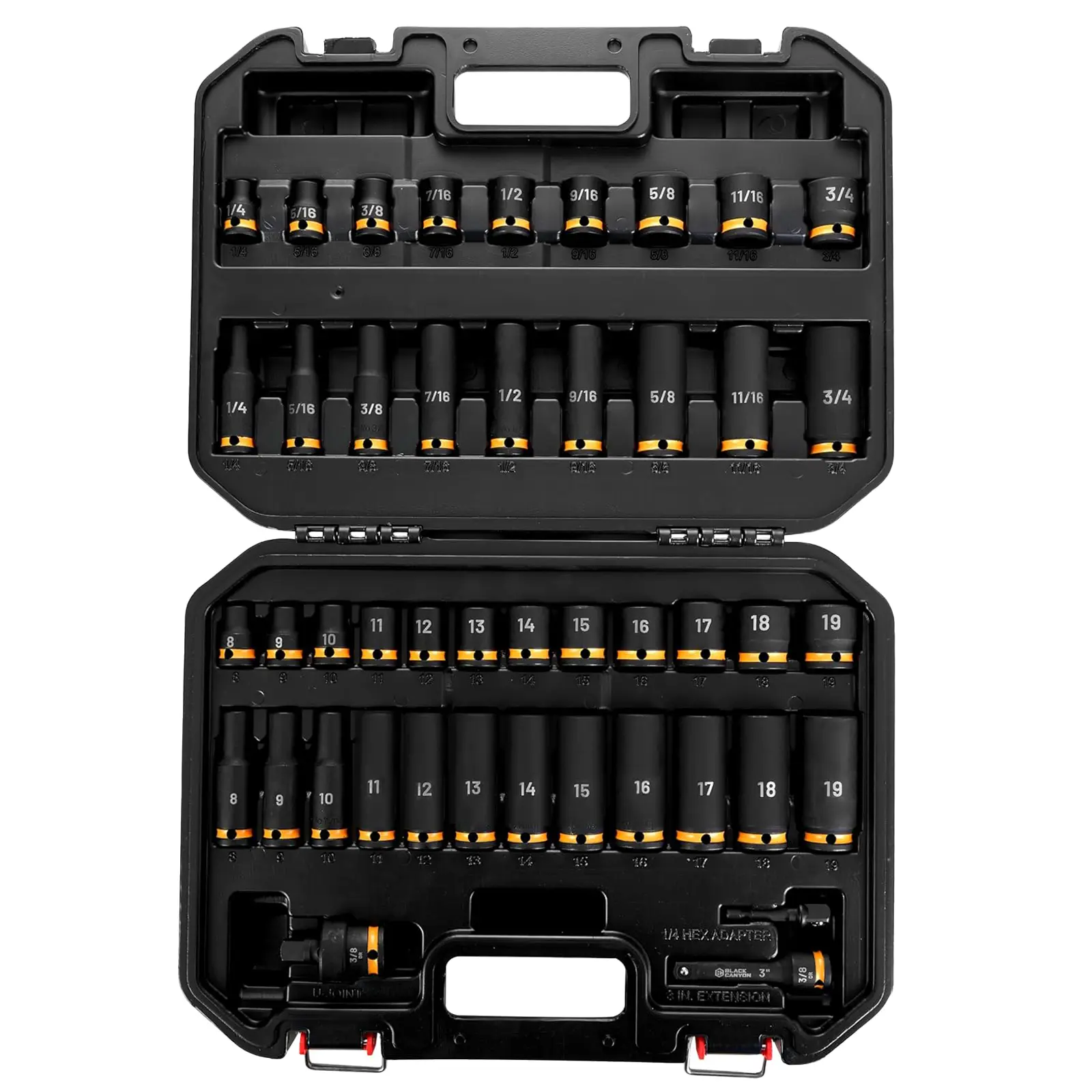 Black Canyon 45 Piece Cr-Mo Steel Drive Impact Socket Set,1/2'',3/8" SAE,Metric 6-Point Deep/Standard Sockets, Heavy-Duty Case for Auto & Industrial Repair,Easy-to-Read Size Markings, Rugged Construction, Storage Case
