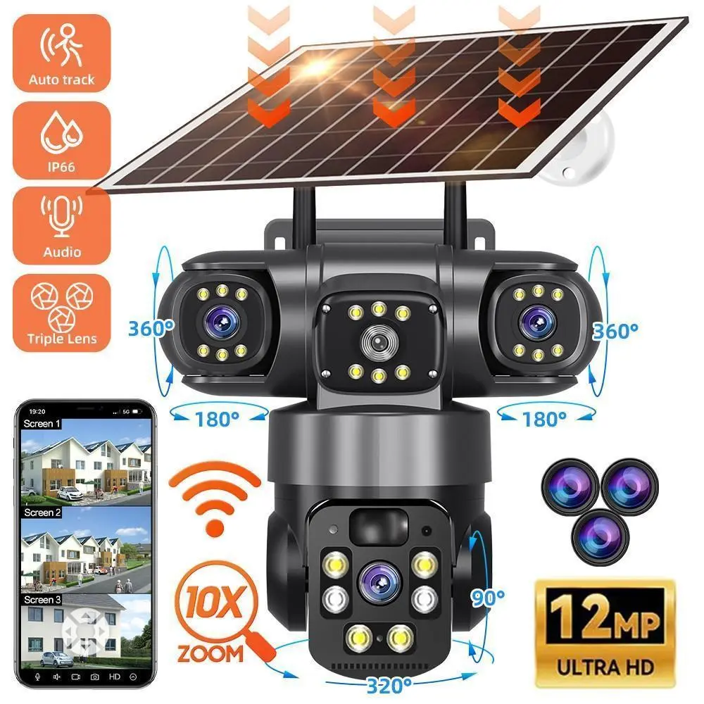 Solar Surveillance Camera 9MP 6K 3 Lens 3 Screens WiFi 4G Outdoor IP PTZ PIR Auto Tracking CCTV Color Night Vision IP66 Camera,for Valentine’s Day Gift