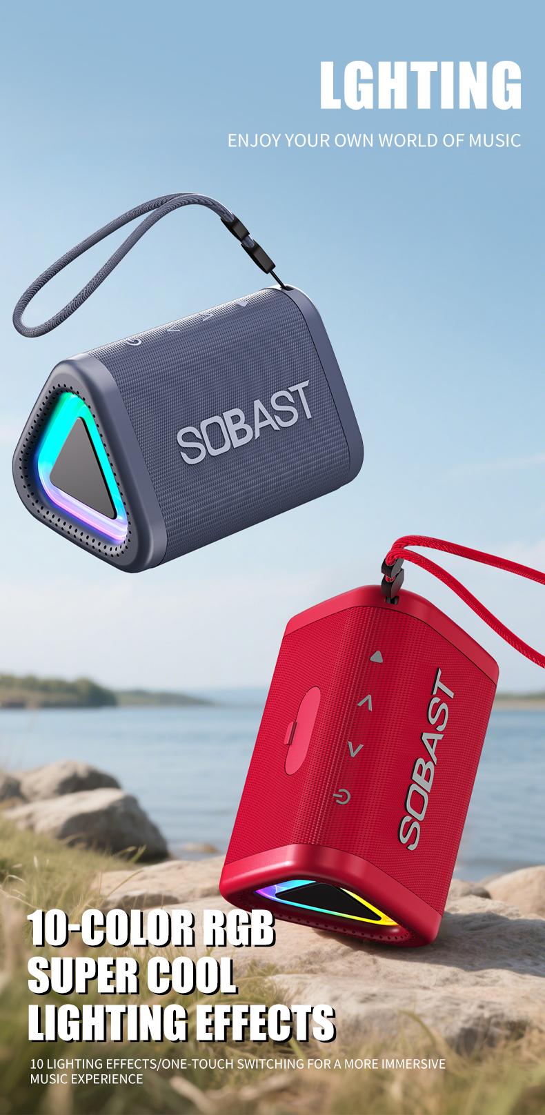 SOBAST Outdoor Bluetooth Speaker IPX5 Waterproof 360° Surround Sound RGB Lights Long Battery Life Powerful Bass Perfect for Home & Outdoor Use Supports Calling Audio Smartphone