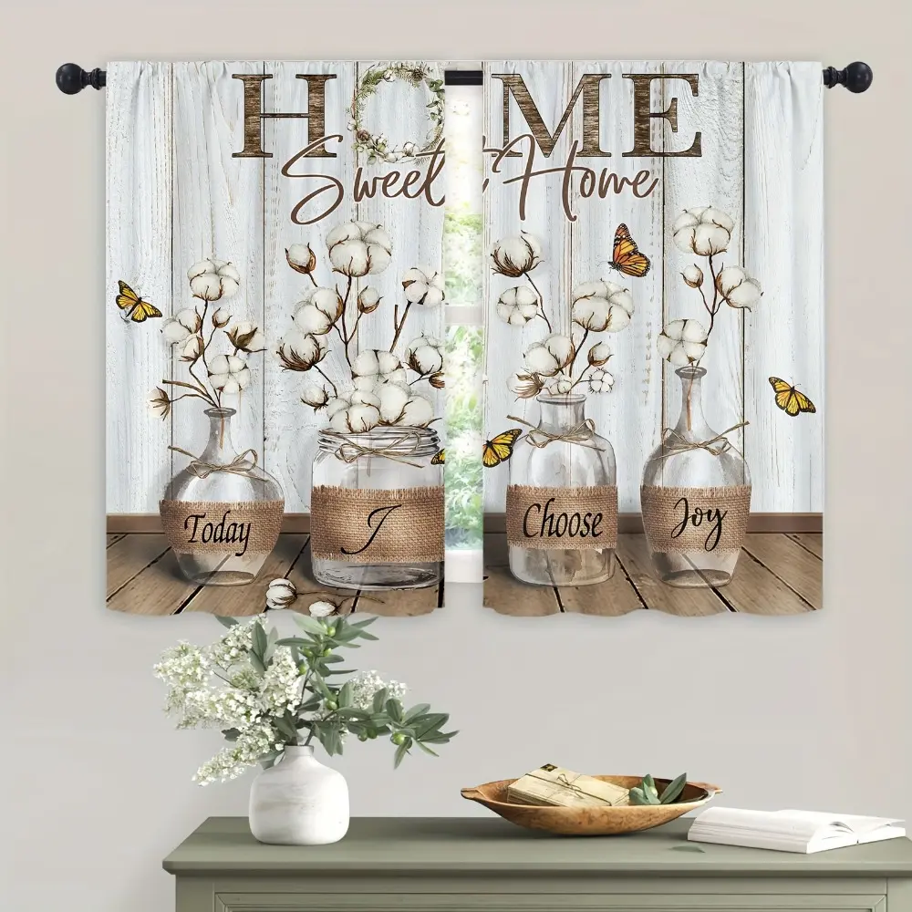 2pcs Farmhouse Rustic Polyester Kitchen Curtains - Home Decoration Curtain, Bold Floral, Boho Botanical, Rod Pocket, Ruffle, Double Layer Darkening Effect, Custom High Ceiling Drapes, Living Room Textile