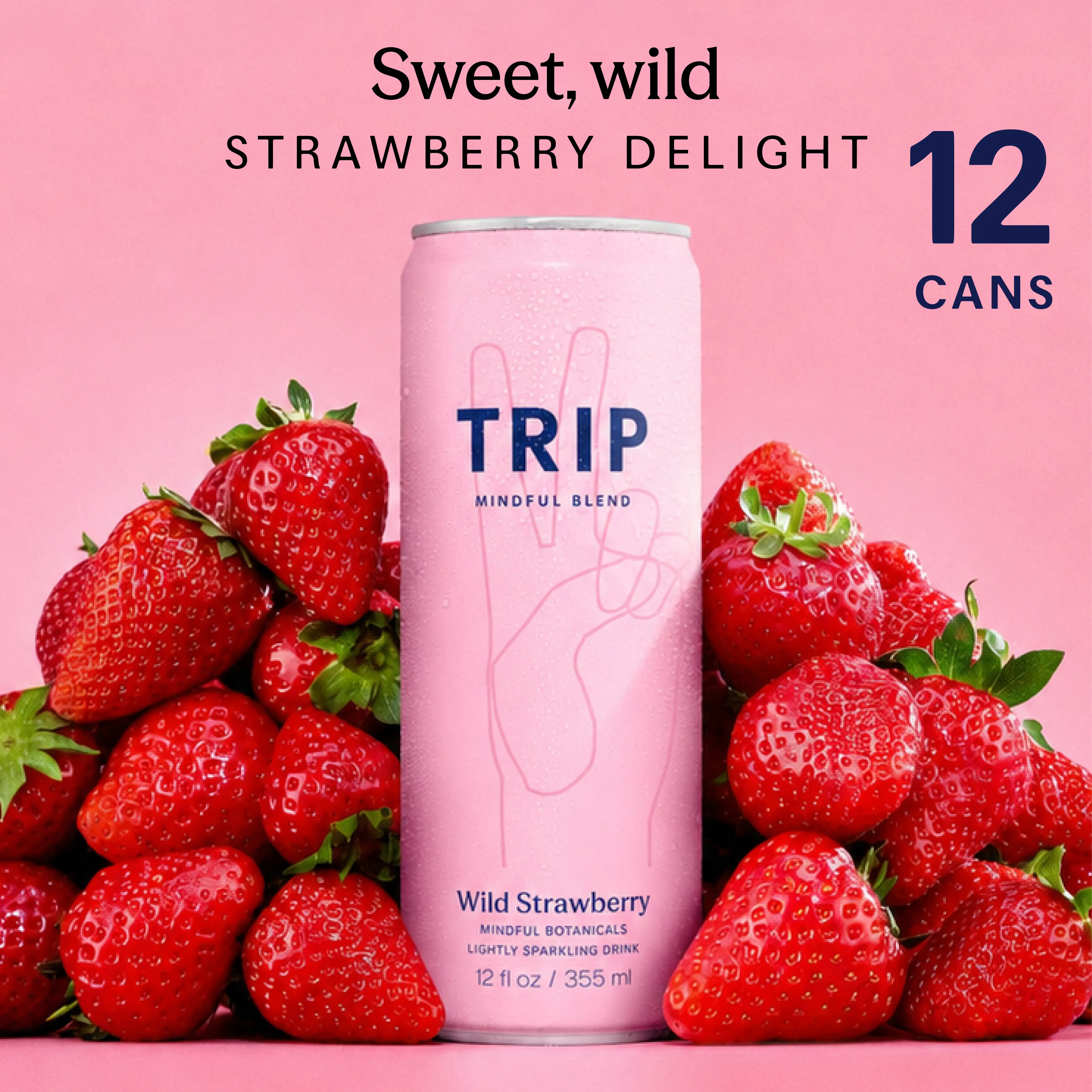 TRIP Wild Strawberry Sparkling Magnesium  Drink — 120mg Magnesium, Ashwagandha, Lion's Mane, L-Theanine, Non-Alcoholic, Low Calorie, Vegan (12-Pack, 12oz)