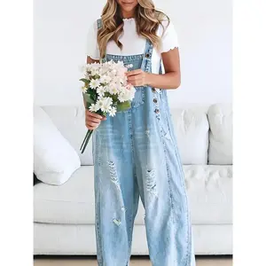 [Distressed Denim Overalls] Loose Fit Denim Overalls - Women's Casual Adjustable Strap Distressed Bib Jeans Jumpsuits With Pocket Fabric Polyester