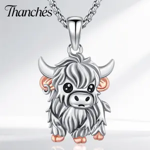 Thanches Highland Cow Necklace 925 Sterling Silver Pendant Cute Scottish Animal Jewelry Perfect Gift for Mom Mother’s Day Fashion Accessory Jewelry