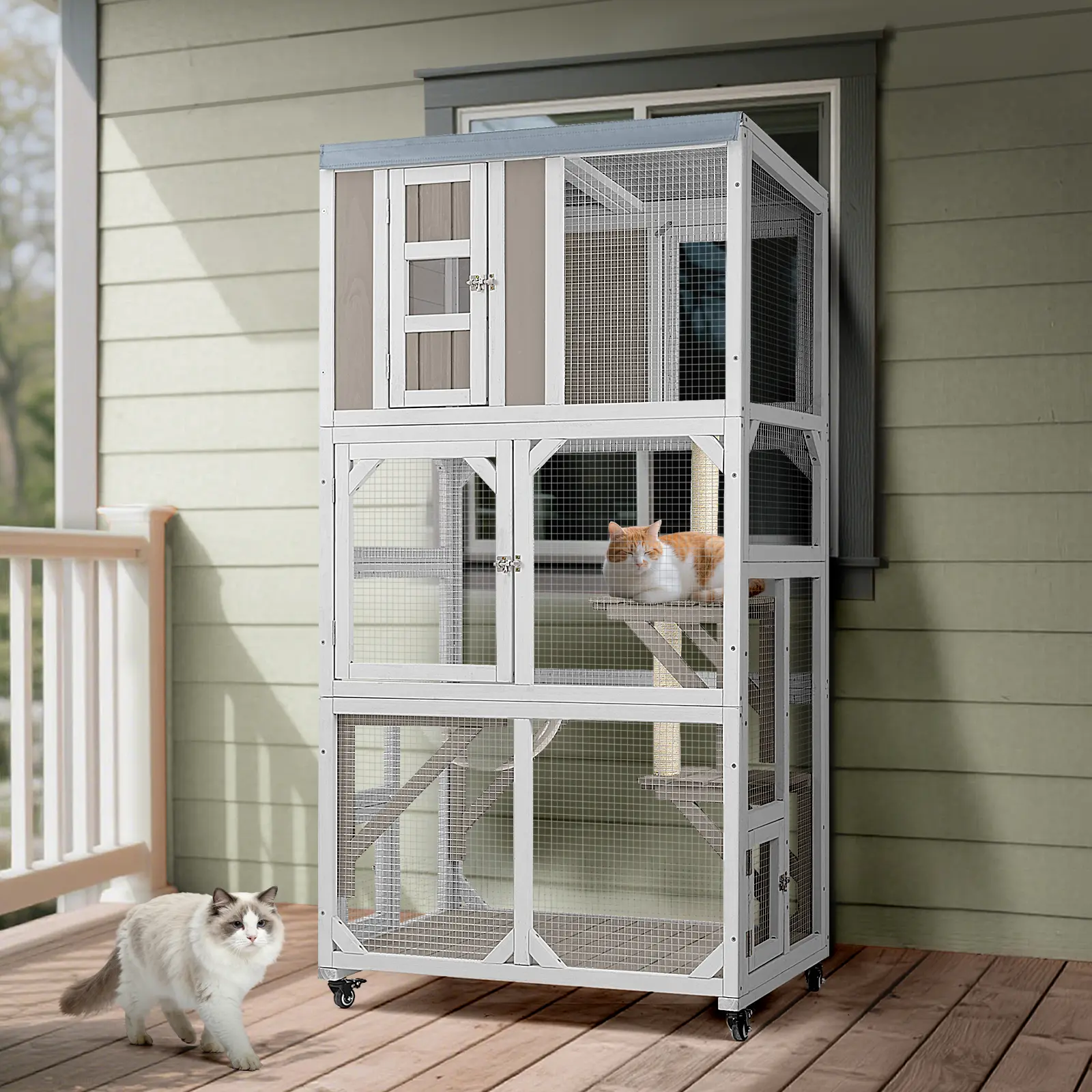 Petscosset Classic 71" Large 3-Tier Solid Wood Catio, Multi-Lockable Doors, Window Connect Panel, Weatherproof Roof, Mobile Brake Wheels, Multi-Level Play Platforms, Spacious Outdoor Enclosure with Natural Sisal