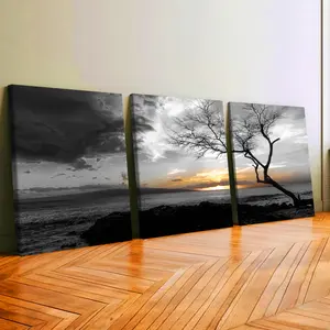 3Pcs Wooden Framed Canvas Painting, Black And White Sunset Ocean Tree Scene, Exquisite Poster, Home Decoration, Pattern Wall Art Decor, For Living Room, Bedroom, Office, Restaurant, Bar Wall Decor, Waterproof, Odorless, Painting, Print Artwork.