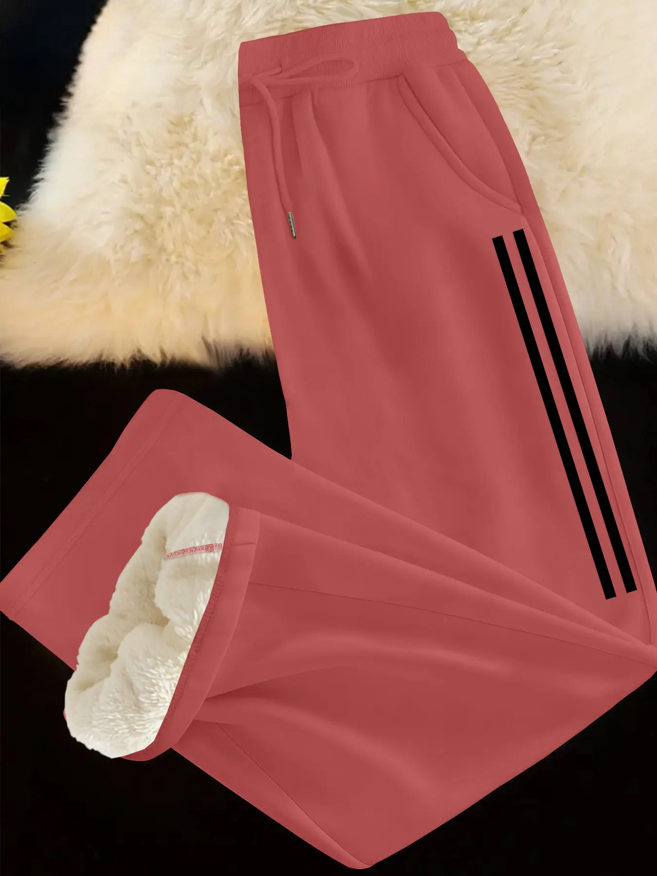 Women's Fleece Lined Straight Leg Fit Pants, Adjustable Drawstring Waist, Plain Pattern, Warm Winter Trousers, Casual Long Pants for Fall & Winter, Autumn Casual Pants, Bottom, Womenswear, Casual Fashion Trousers