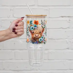 Sip-Sip Hooray! 40oz Cute Floral Highland Cow Glass Tumbler with Lid & Plastic and Glass Straws – Cow Lover Gift, Reusable Coffee Drinkware, Portable & Washable Water Bottle Cup