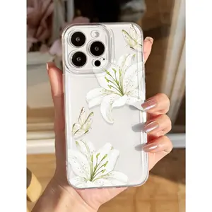 This is a transparent soft phone case with a pink floral lily and butterfly pattern in an Instagram style. It is compatible with iPhone 17/16/15/14/13/12/11/X/XS/XSMAX and can also be used as a stylish screen protector.