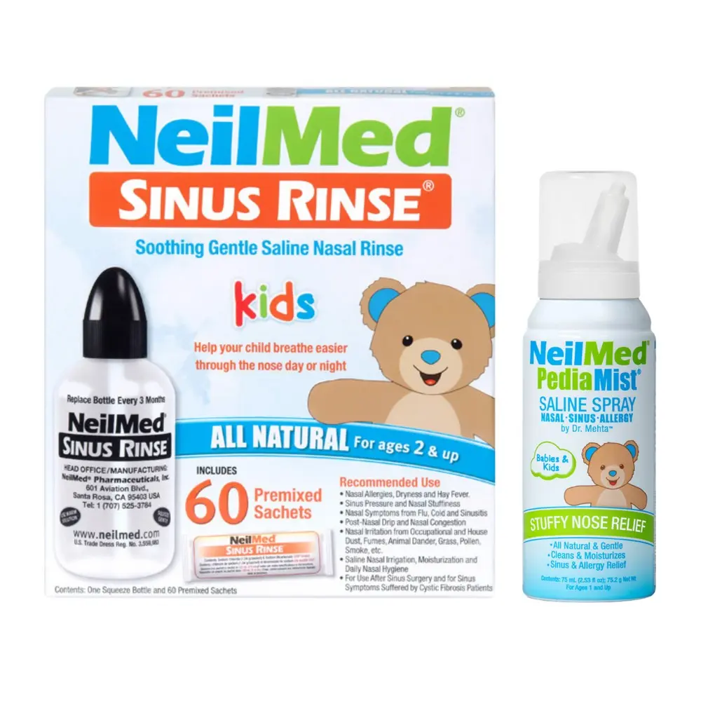 NeilMed Sinus Rinse Pediatric Kit & PediaMist Saline Spray for Kids - All Natural Nasal Hygiene Duo - 120mL Bottle, 60 Packets & 75mL Stuffy Nose Relief Spray - Ages 2+