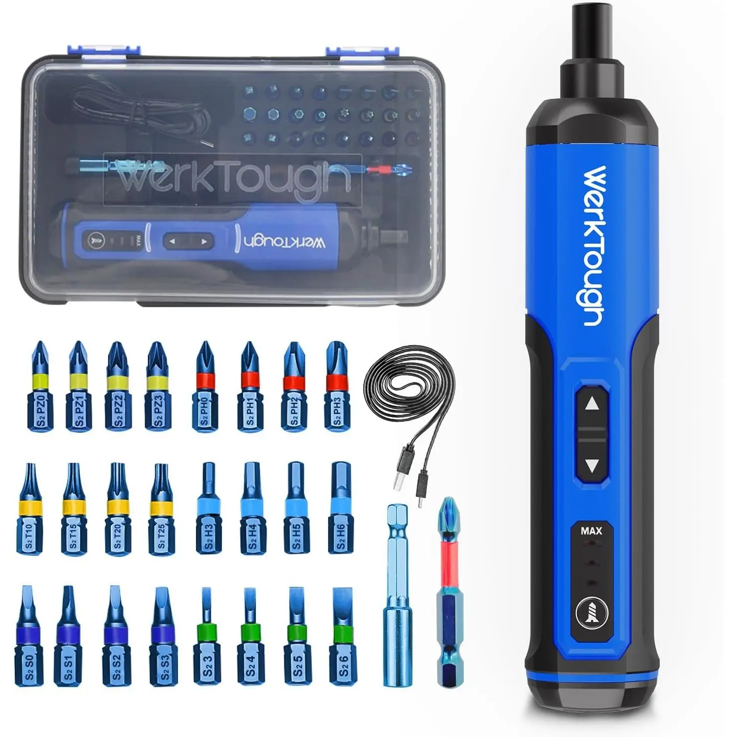 Werktough 4V Mini Electric Cordless  with 3-Gear Torque 5Nm Power 25 count  Bits S2 LED Light USB   Improvement S026