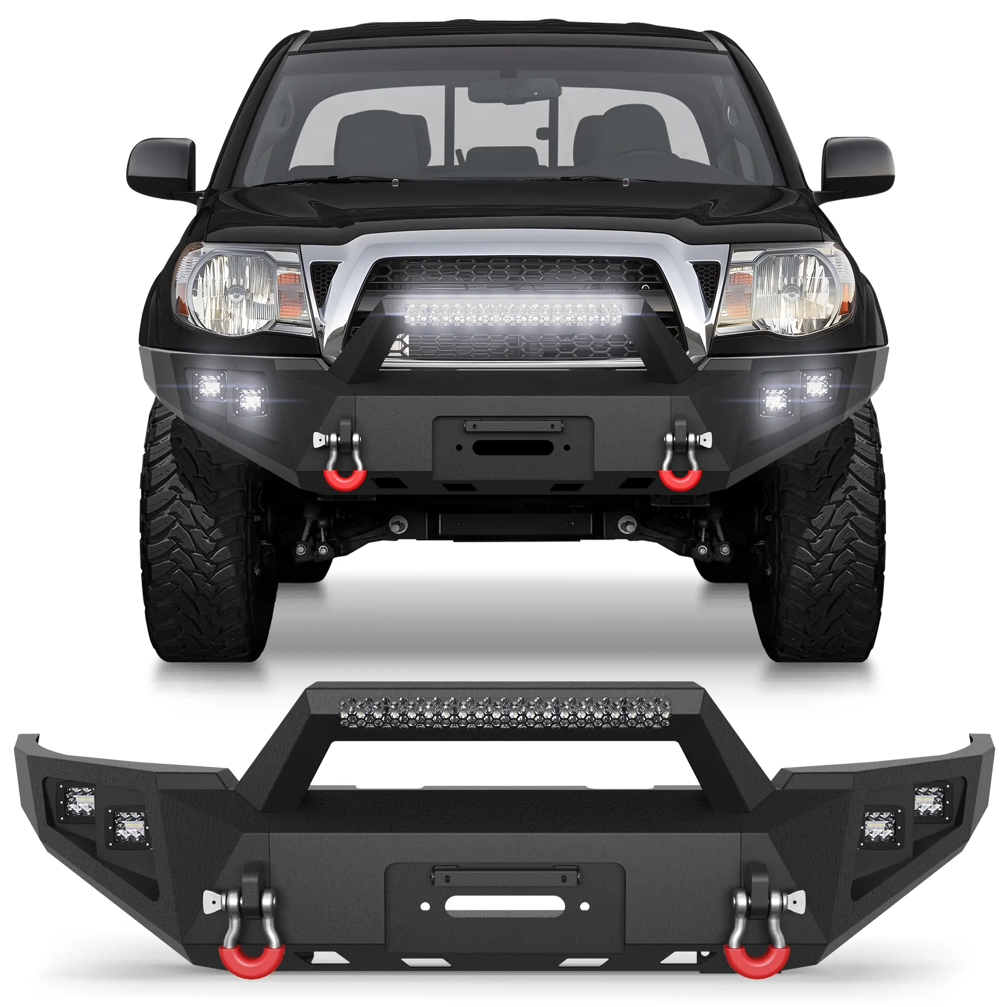 POFENZE Tacoma Front Bumper Full Width for 2005 2006 2007 2008 2009 2010 2011 2012 2013 2014 2015 Tacoma 2nd Gen Pickup | Pickup Truck Steel Bumper w/Winch Plate, LED Lights, D-rings and License Plate Bracket