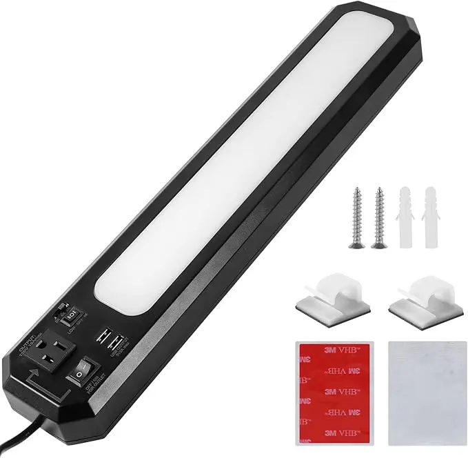 ENATECLITE 18inch Plug-in Under Cabinet Lighting, 1000LM Led Under Counter Light with 5ft Corded, 2USB Port, 120volt 3-Prong Power Outlet, 3000K/4000K/5000K High/Low Switch for Garage, Workbench, Shop, Kitchen