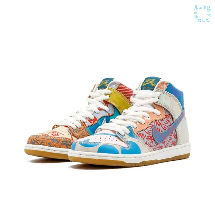 Mismatched High-top Skate Sneakers | Multi-color Patchwork Leather Upper with Repeating Text Print & Contrast Color Panel Detailing | White Midsole and Natural Gum Rubber Outsole for Daily Streetwear