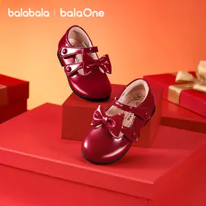 BalaOne Balabala Girls Princess Shoes 2025 Red Bow Flat Leather Shoes with Cushioned Heel Double Velcro Straps & Anti-Slip Outsole for All-Day Comfort