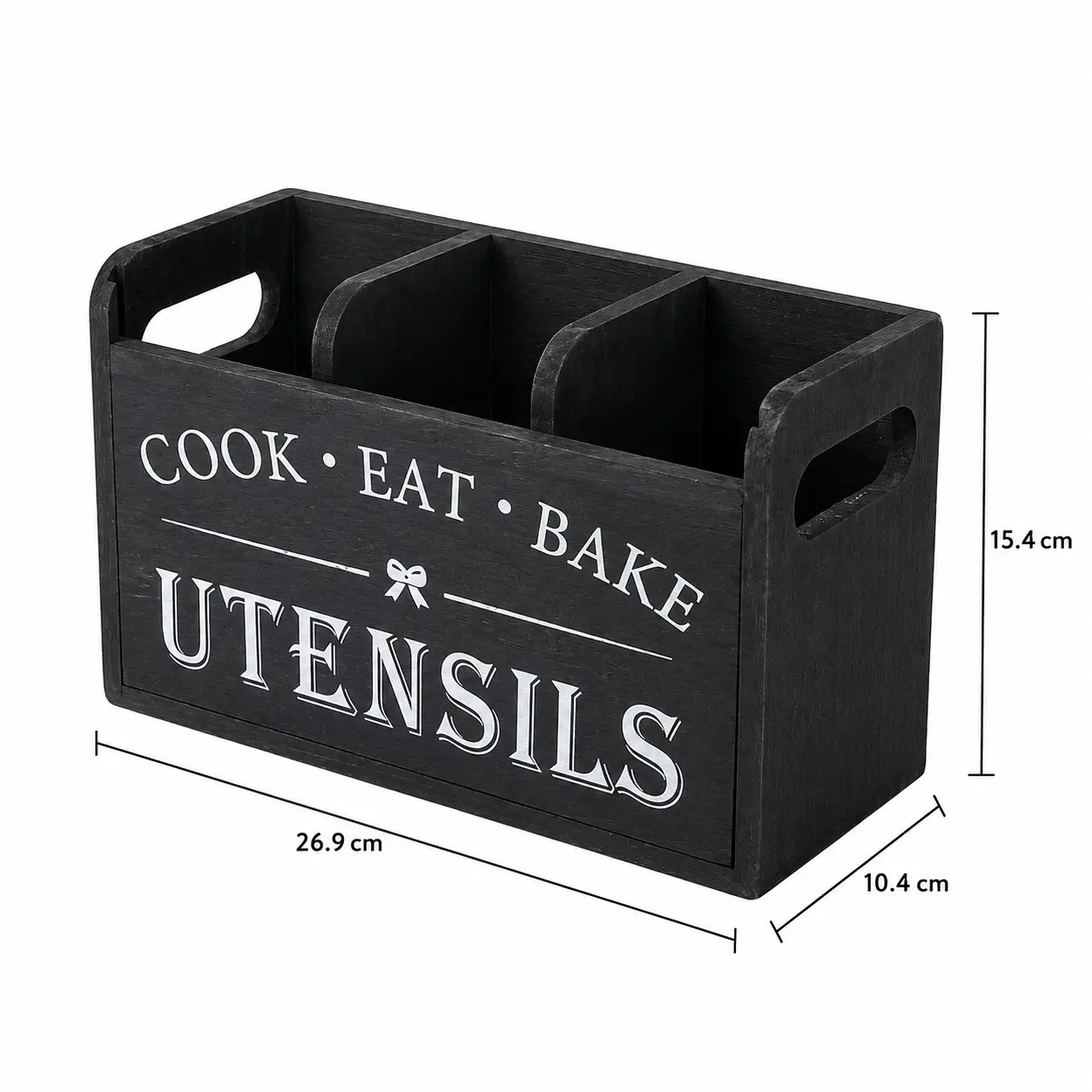 Wooden Kitchen Utensil Holder with 3 Compartments, Utensil Storage Organizer for Kitchen Counter, Farmhouse Decor & Rustic Cooking Tools Storage