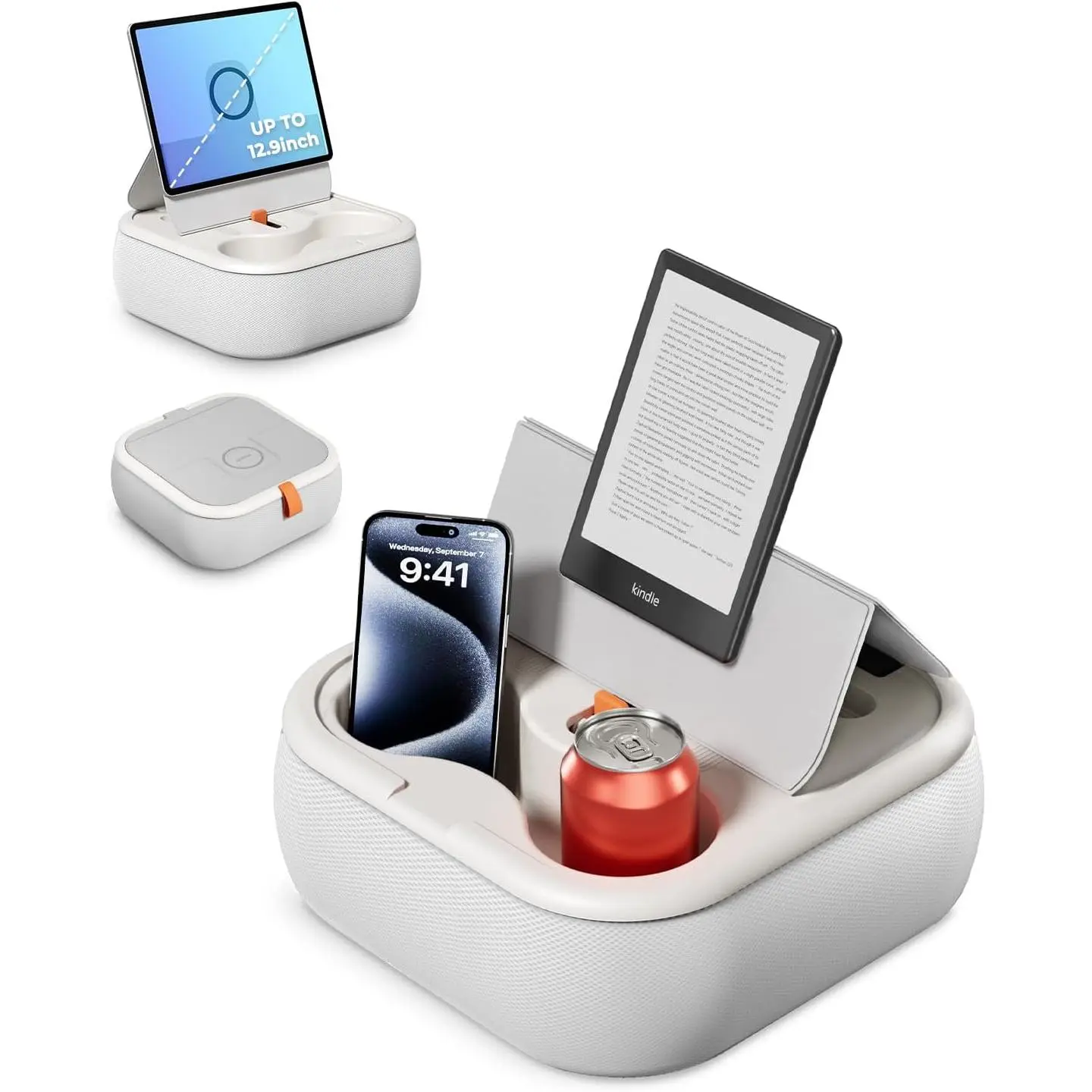 Tablet Stand Pillow, Compatible with 4-13" Phone/Tablet, , , ,Kindle,Google, Magnetic Phone Stand for Desk, Kindle Pillow Stand for Bed with Cozy Fabric,and Two Cup Size Bowl.