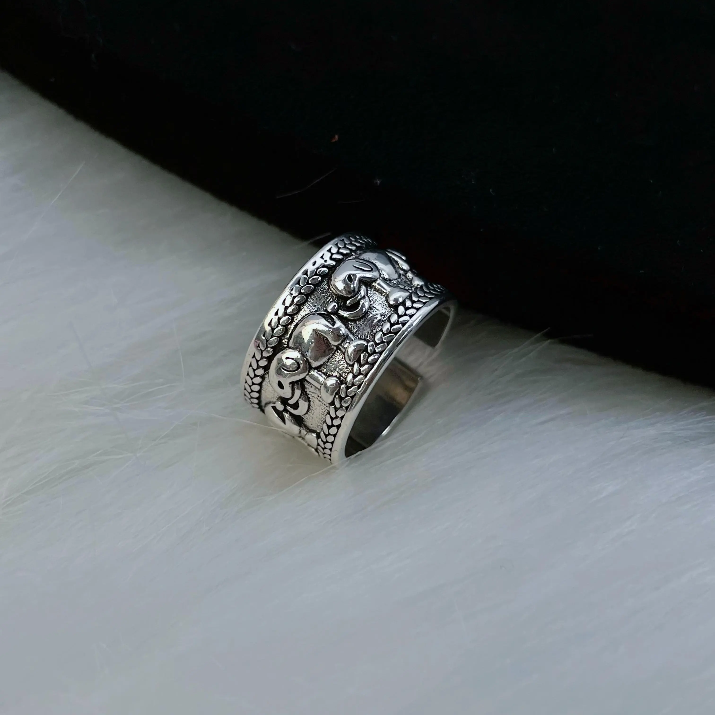 925 Sterling Silver Vintage-Style Wide-Band Elephant Ring — Oxidized Thai Silver "Herd of Elephants" Ring — Adjustable Open Ring for Women