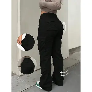 Women's High Waisted Cargo Pants, Black Multi Pocket Wide Leg Casual Streetwear Pants