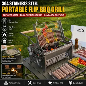 360° Rotating BBQ Grill, 304 Stainless Steel Portable Flip-Over Charcoal Grill with 2-Layer Basket, Outdoor BBQ