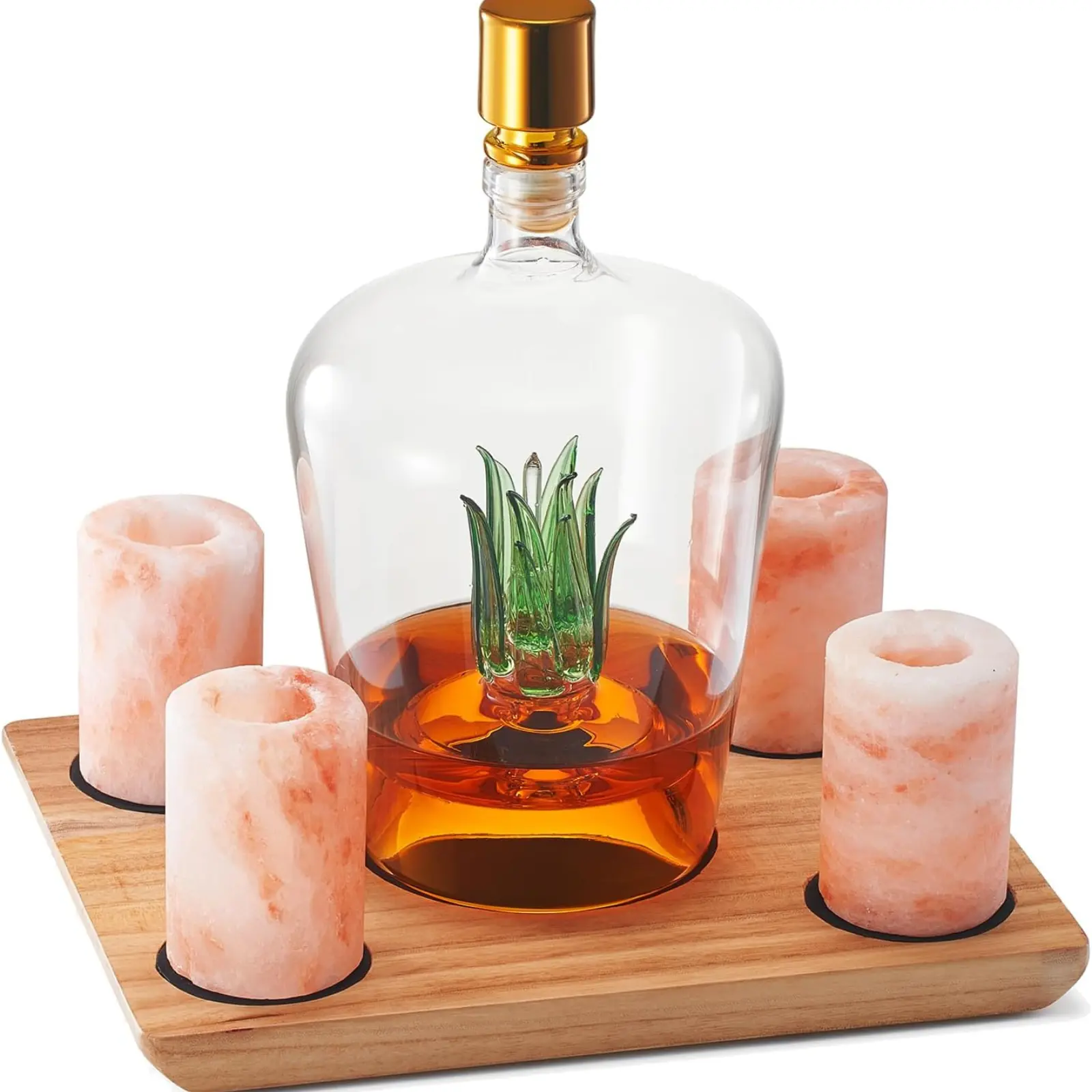 Tequila Decanter With Four Pink Himalayan Salt Shot Glasses Set, Perfect for Tequila Agave Liquor Lovers, 34 OZ Bottle, 1.6 OZ Shot Glass, Tequila, Liquor Party Decorations Cinco De Mayo (Agave)