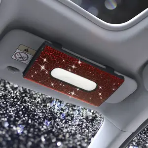 Luxury PU Leather Car Visor Tissue Holder, Sparkling Crystal Diamond Decoration, Universal Fit Bling Napkin Dispenser, Car Interior Accessory