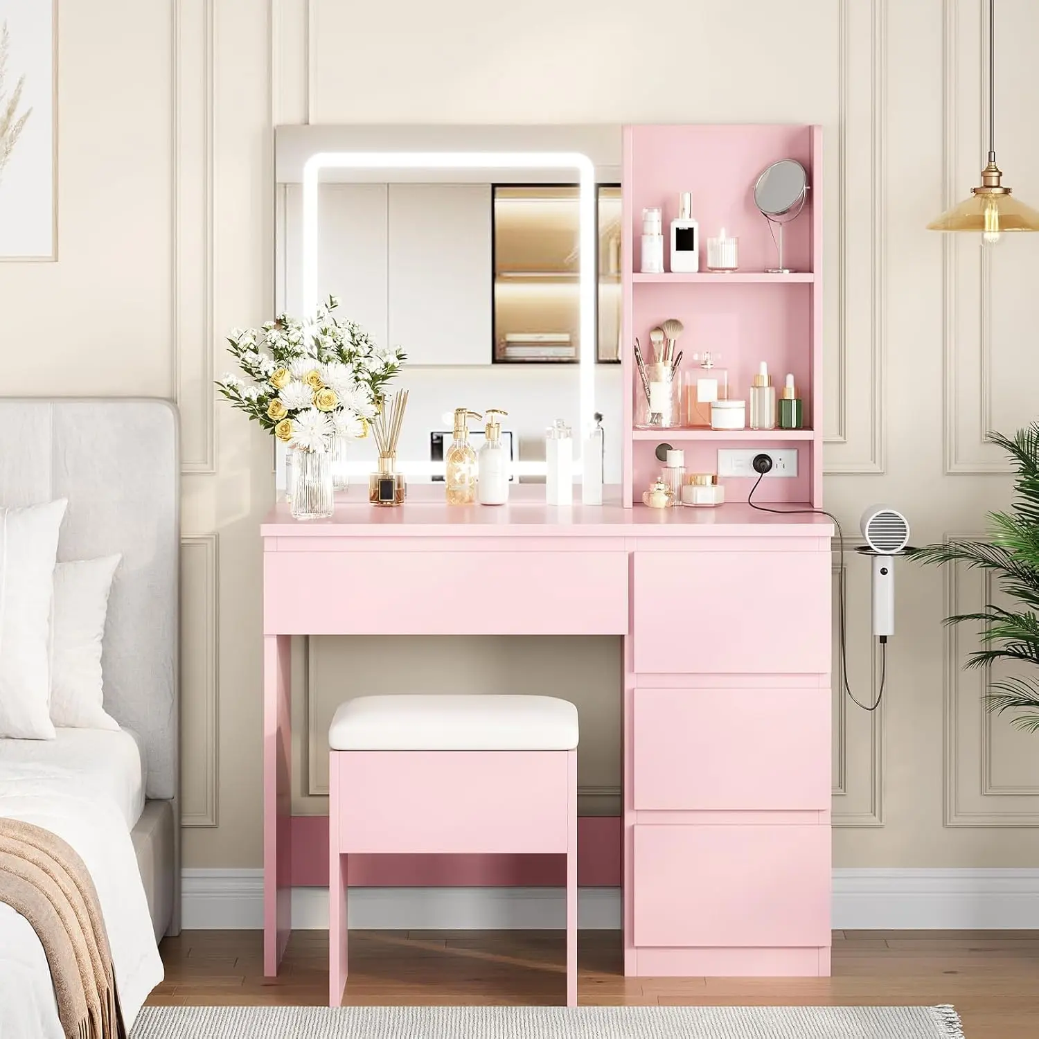 【Christmas Gift】Vanity Desk with Mirror and Lights - Modern Makeup Dressing Table with Outlets, Storage Stool, 4 Drawers & Hair Dryer Holder - 3 Colors LED Vanity Mirror, Vanities for Bedroom, Pink